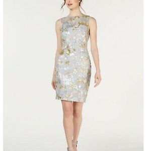 NEW NWT CALVIN KLEIN Sequined Mesh Cocktail Sheath Dress Sequin Silver Gold